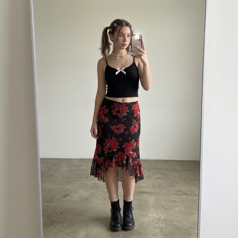 VTG Philly California Y2K Hi Lo Ruffle Skirt Small Black Rose Glitter Romantic